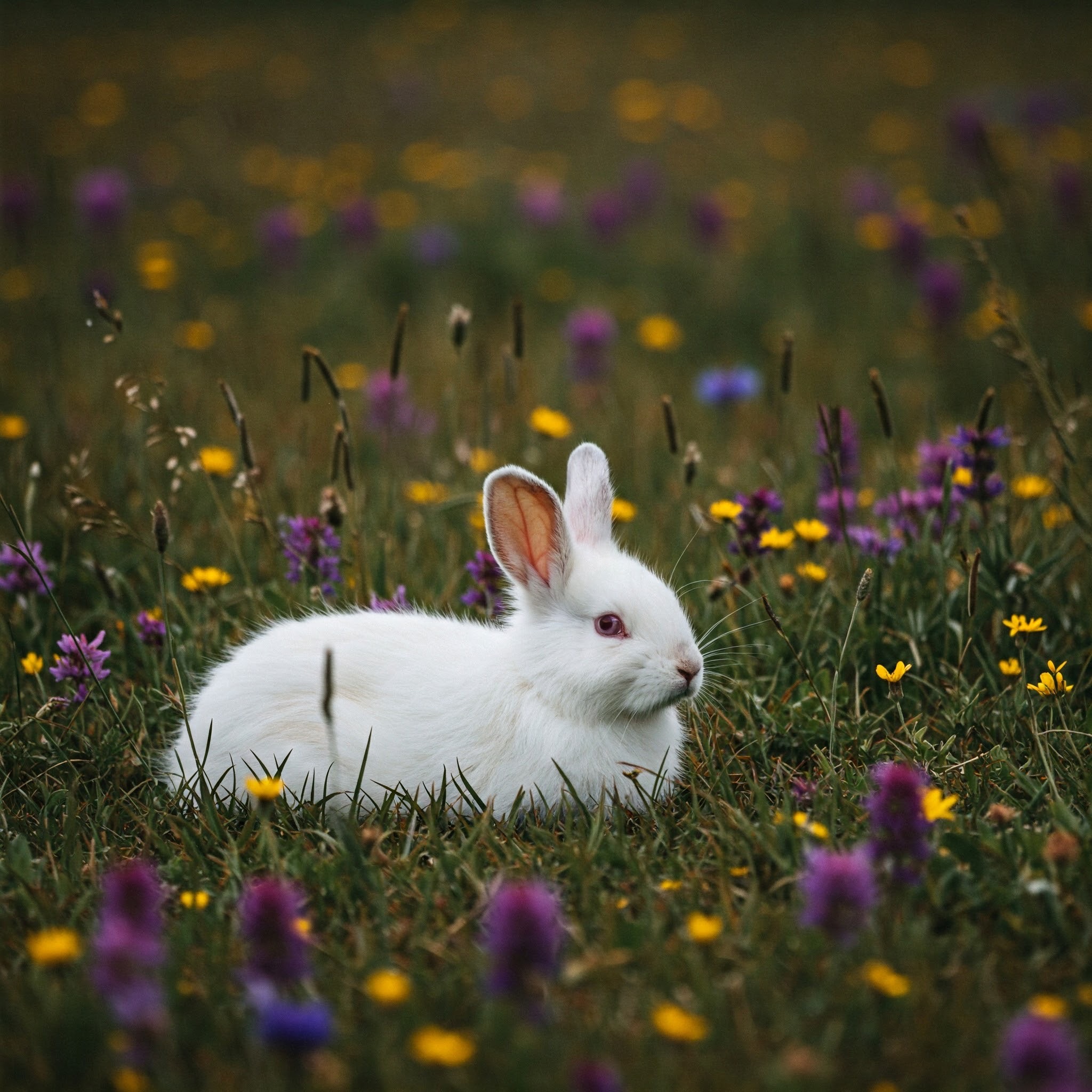 photo of White Rabbit Resting in a Colorful Meadow